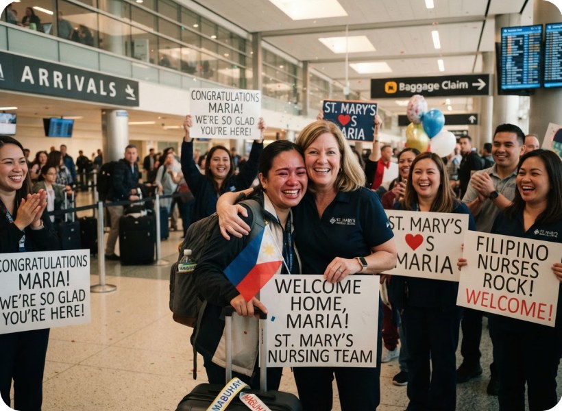 A newly arrived nurse welcomed at the airport by her new hospital team holding welcome signs