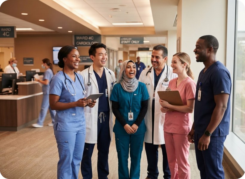 A diverse team of nurses and doctors smiling together in a hospital ward