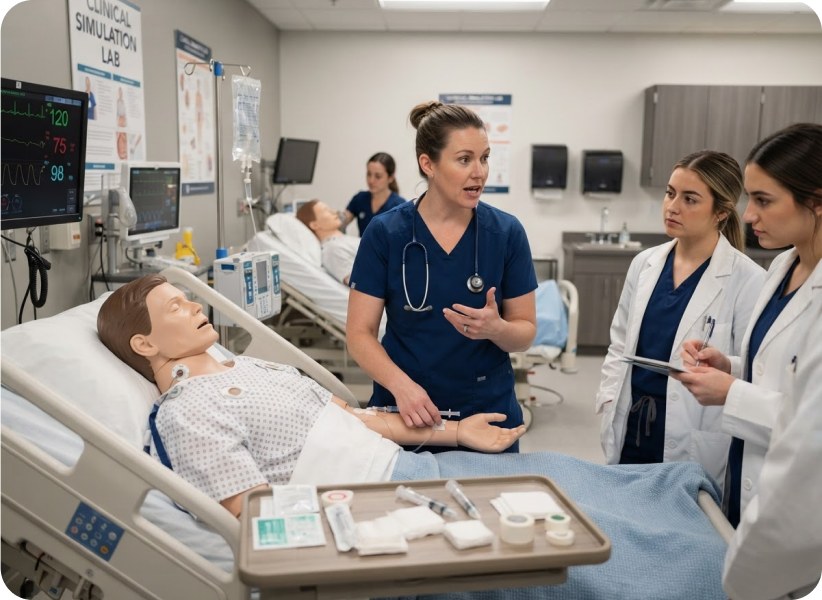 Nurses training together in a clinical simulation lab